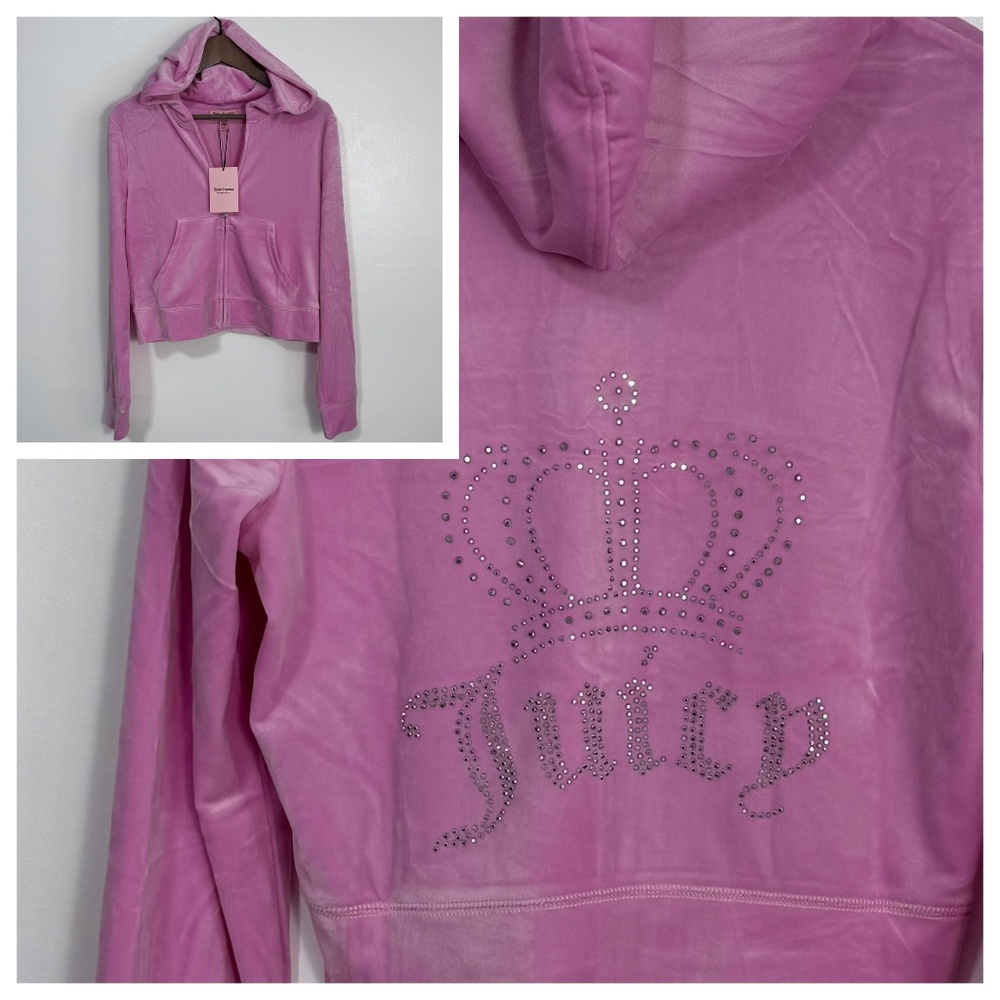 Juicy Couture Velour Hoodie OG Big Bling in Floral Bloom Pink Size L